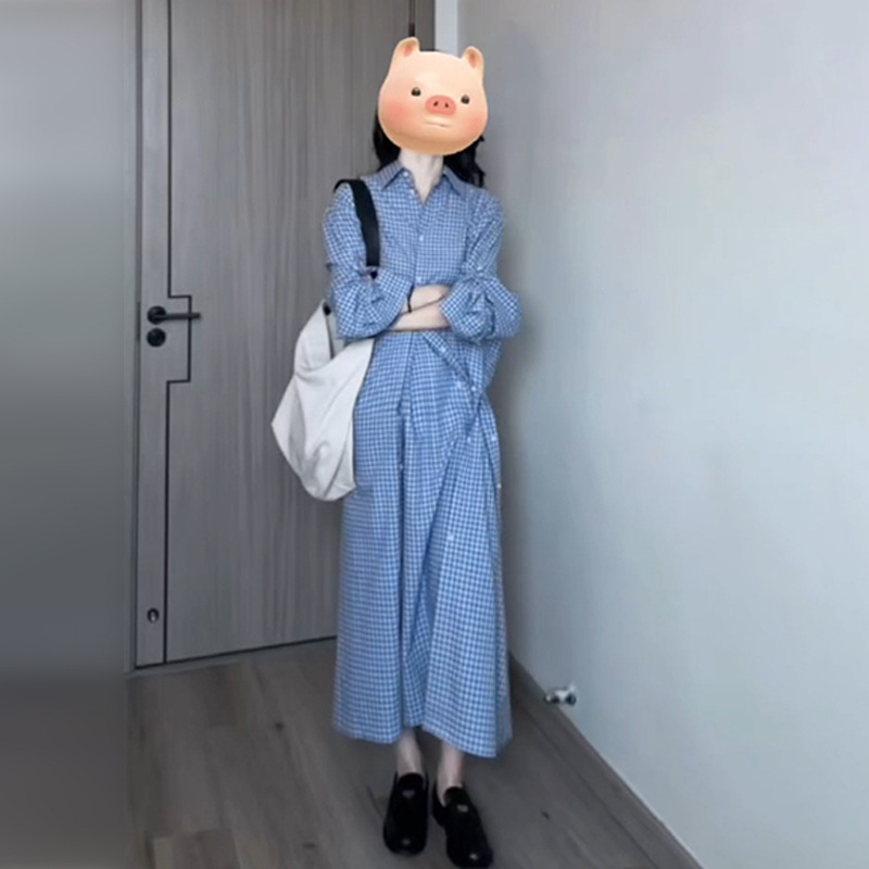 法式蓝色格子衬衫连衣裙子女春季2025新款设计感宽松休闲气质长裙|undefined