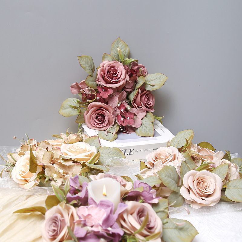 Cross-border simulation rose hydrangea candlestick wreath desktop ornaments advanced sense candlestick wreath home wedding decoration