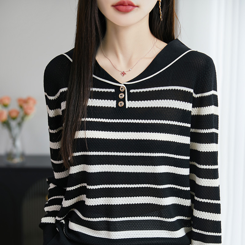 2025 Spring New Tencel Navy Collar Striped Long Sleeve Sweater Women's Contrast Color Age-Reducing Temperament Slimming Top 2025 Spring New Tencel Navy Collar Striped Long Sleeve Sweater Women's Contrast Color Age-Reducing Temperament Slimming Top