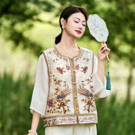 2026夏季新款民族风复古圆领盘扣马甲女文艺时尚欧根纱拼接小背心