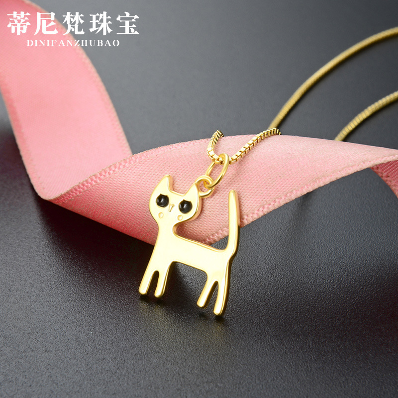 Estilo coreano simple creativo goteo de aceite personalizado gato collar joyería femenina S925 plata oro amarillo animal clavícula cadena colgante