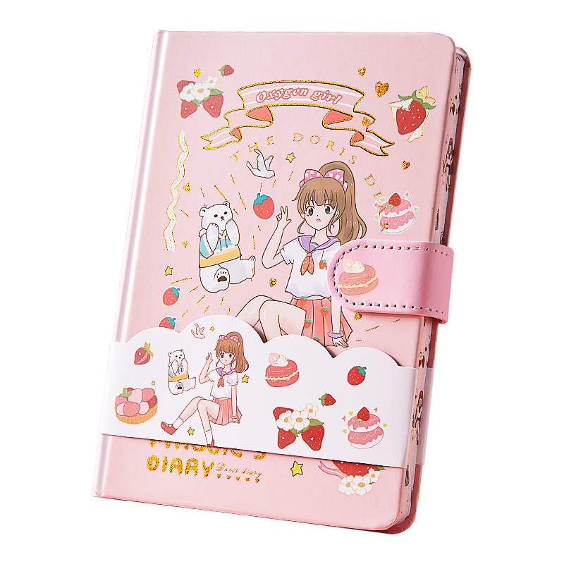 Libro de contabilidad de mano de dibujos animados, página en color, libro de hebilla magnética, libro de contabilidad de mano de corazón de niña linda, cuaderno de estudiante, cuaderno de diario