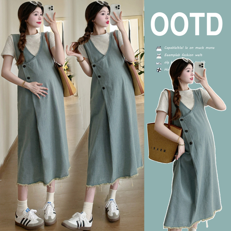 Pregnant Mother's Outfit ~ French Retro Blue Denim Maternity Suspender Dress Suit Summer High-End Two-Piece Set
