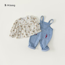 宥宝女童秋装长袖衬衫牛仔裤两件套韩版儿童背带裤套装小童衣服