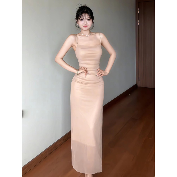 法式咖色吊带连衣裙女夏季网纱拼接收腰修身裙子纯欲紧身包臀长裙|undefined