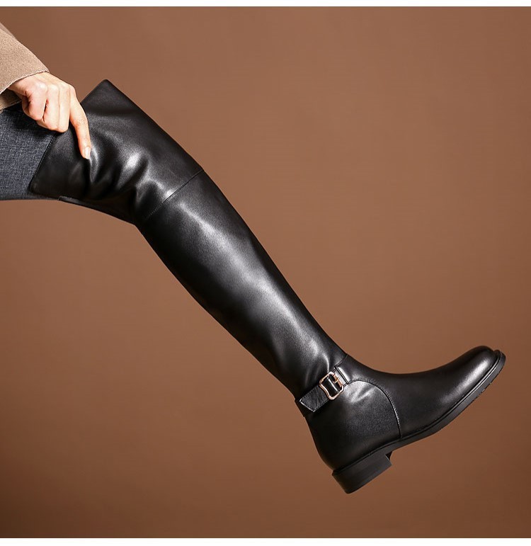 22 New Slim Leg Over Knee Long for Women Low Heel Flat Bottom Black High Barrel Autumn/Winter Single with Velvet Knight_voghion.com