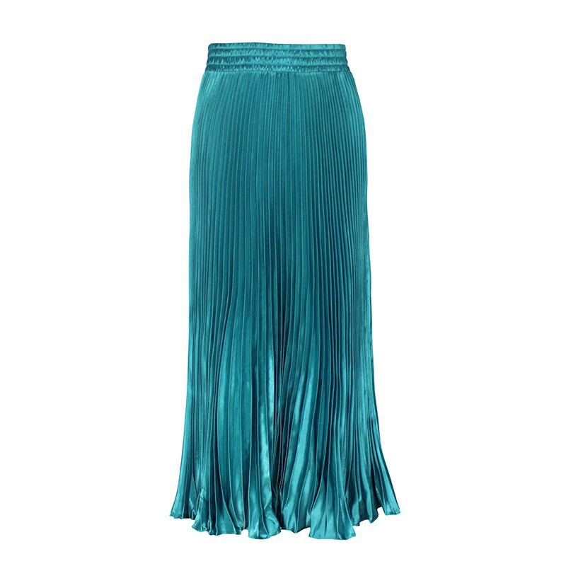 2024 new European and American foreign trade women's satin metallic luster pleated skirt long organ skirt long skirt skirt