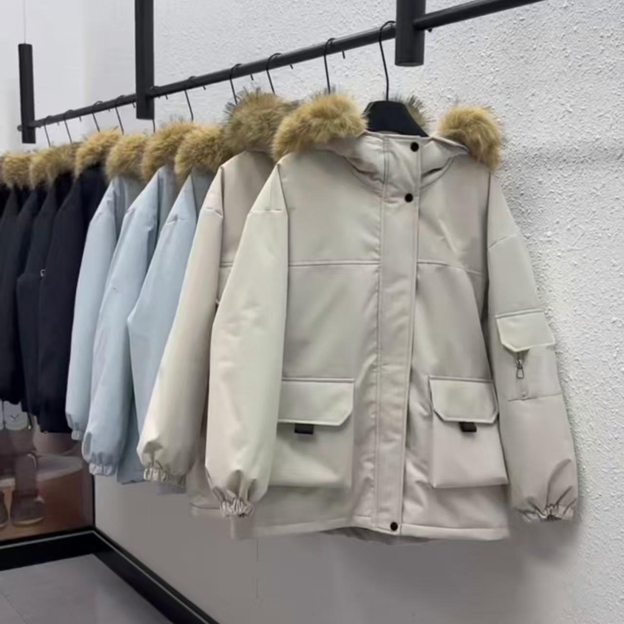 2025 Winter New Korean Style Workwear Parka down Jacket Women's Thickened Hooded Large Fur Collar Warm Jacket Women's Clothing