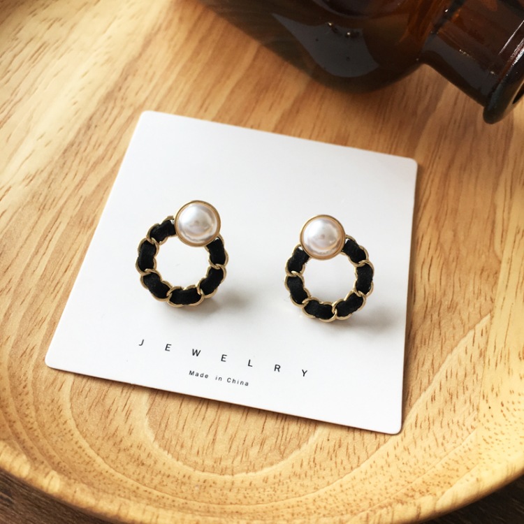 Pendientes Redondos Huecos Negros Tejidos Con Aguja De Plata S925 display picture 7