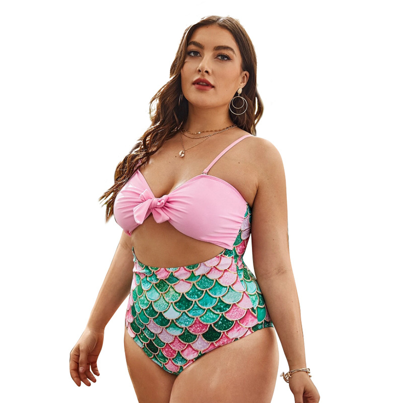 plus size sling hollow Fish scale print one-piece swimsuit NSVNS117581