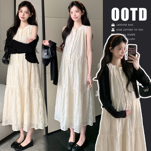 Maternity 2025 Summer New Sweet Lace Hollow Korean-style dress Sunscreen Cardigan Two-piece Suit