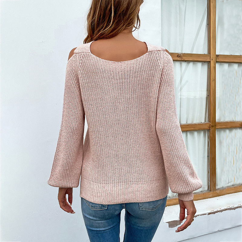 ChicShe ChicShe 2023 Herbst Winter Neue Feste Farbe Off-Schulter Kreuz Halter Laterne Hülse Gestrickte Pullover Für Frauen_voghion.com