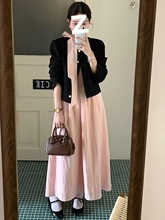 大码胖MM韩系温柔风粉色连衣裙女秋季新款小香风外套气质绝美套装
