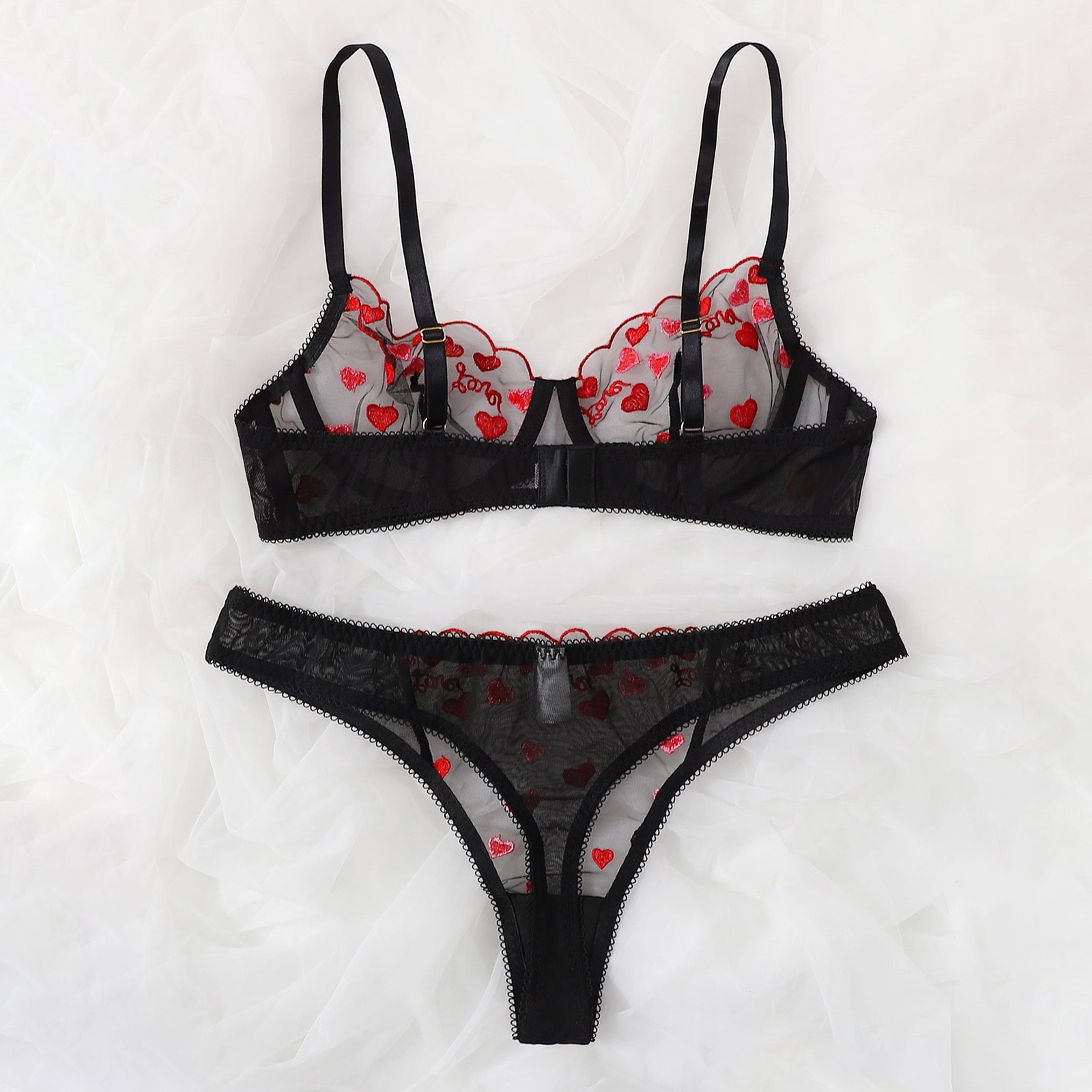 Women's Sexy Letter Heart Shape Sexy Lingerie Sets Party Embroidery See-through Sheer Bra Low Waist Thong Sexy Lingerie display picture 5