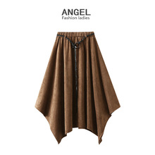 复古鹿皮绒半身裙2025秋冬设计感腰带不规则裙摆高腰显瘦长裙5018