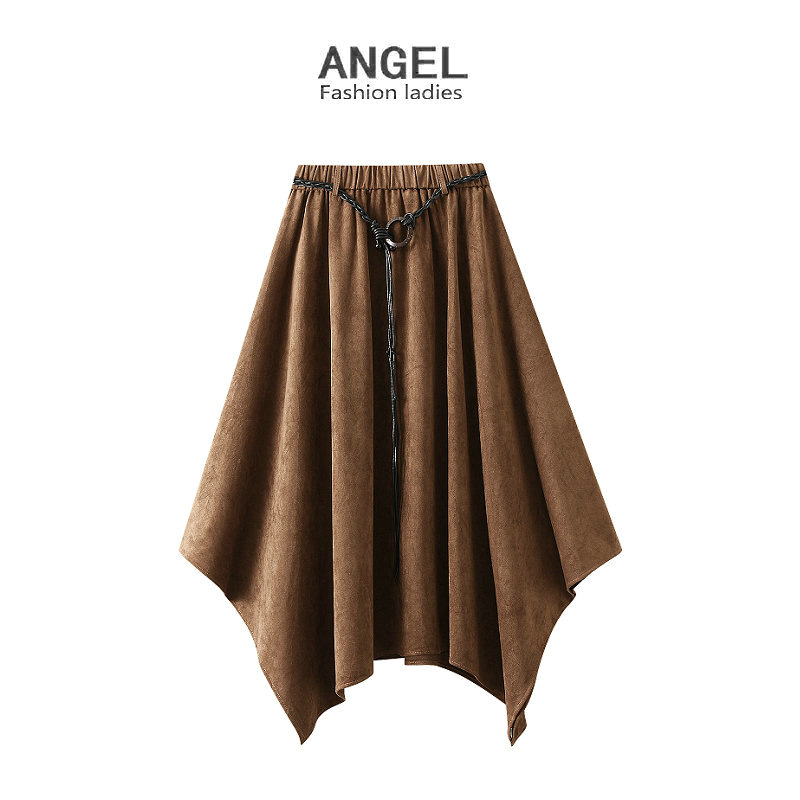 GraceChic Vintage Wildleder Samt Halb 2025 Herbst Winter Design Gefühl Gürtel Unregelmäßigen Saum Hohe Taille Abnehmen Langen Rock 5018_voghion.com