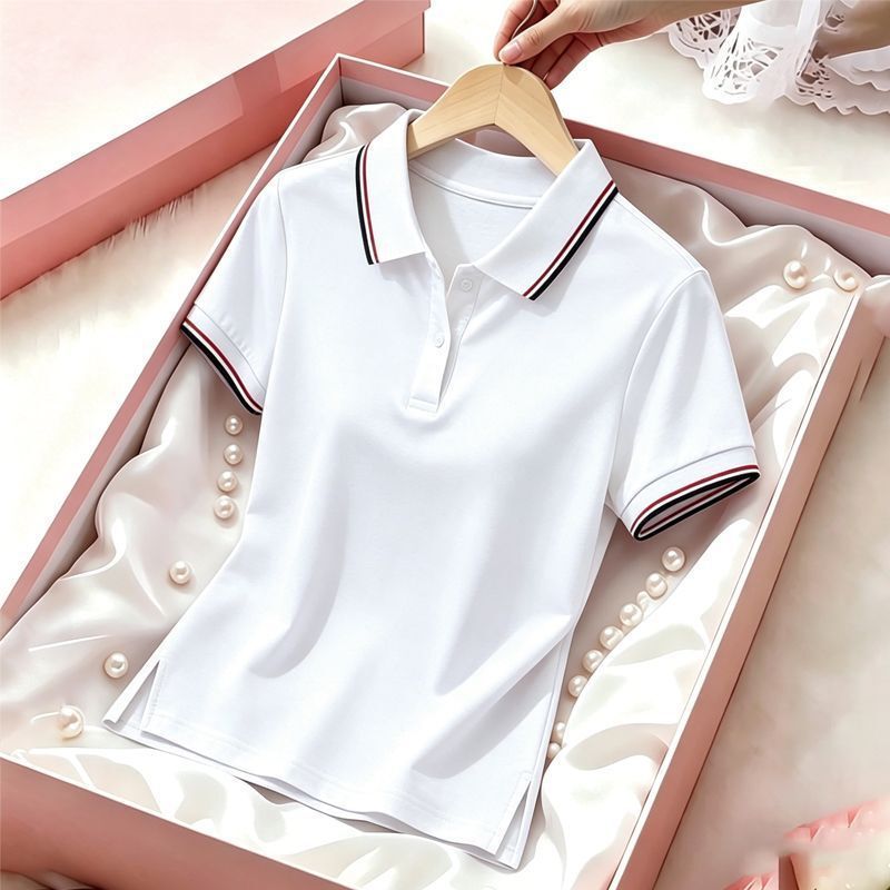 Polo Shirt T-Shirt for Women 2026 Summer Striped Turn-Down Collar Short-Sleeved Large Size Collared Women's Top Polo Shirt for Women Polo Shirt T-Shirt for Women 2026 Summer Striped Turn-Down Collar Short-Sleeved Large Size Collared Women's Top Polo Shirt for Women