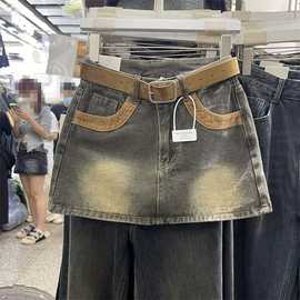 韩版复古牛仔半身裙女秋冬季设计感防走光A字裙辣妹包臀裙短裙子