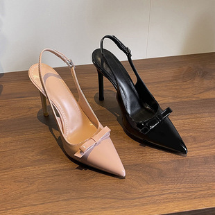 Pointed Toe Stiletto Heel Nude Patent Leather High Heels French Style Beautiful Bow Sexy Fairy Style Hollow Back Women's Sandals