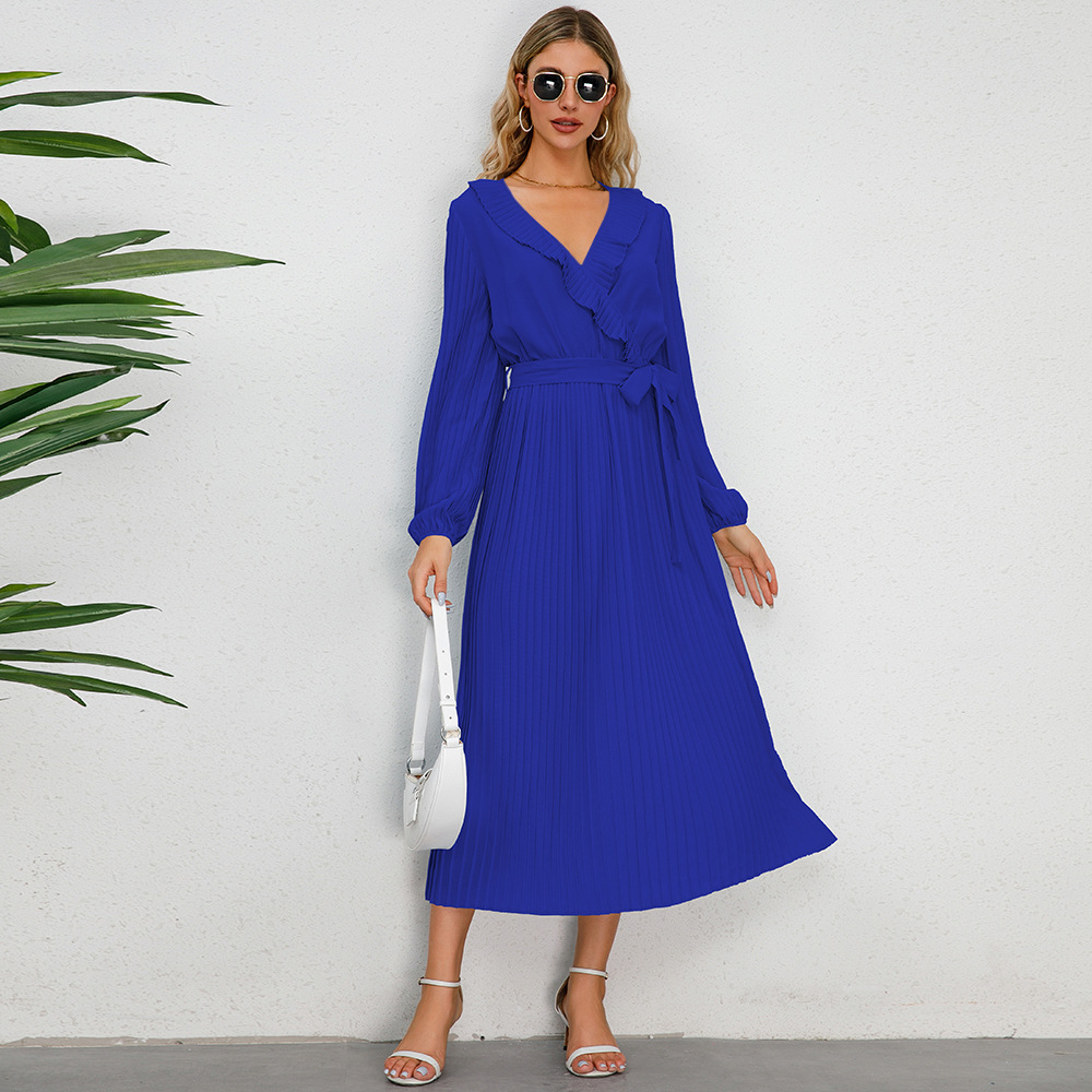 Women's Regular Dress Simple Style V Neck Belt Ruffles Pleated Long Sleeve Solid Color Midi Dress Daily Street display picture 8