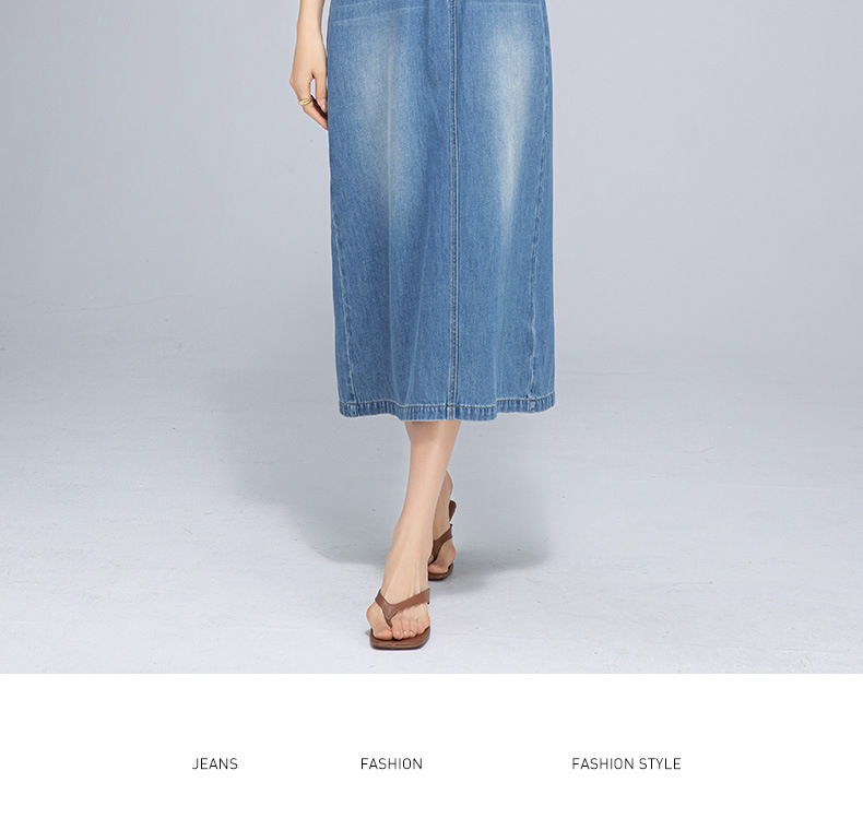 Váy denim cổ điển dáng dài không tay, thắt eo tôn dáng — Xanh lam hoài cổ chi tiết 21