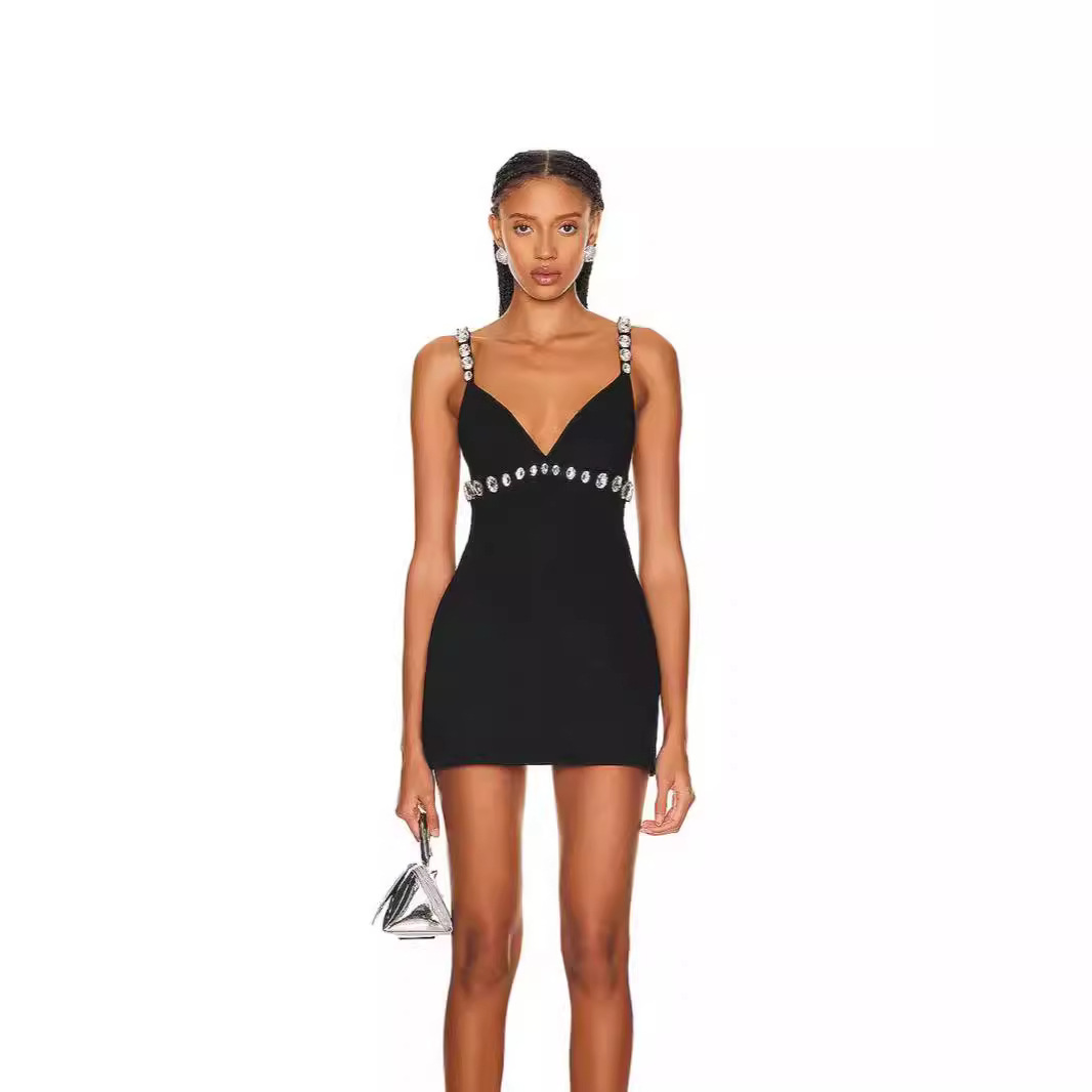 2024 European and American Cross-border Sexy Sling V-neck Fashion Nail Drill Ins Spice Girls Party Party Dress Bandage dress