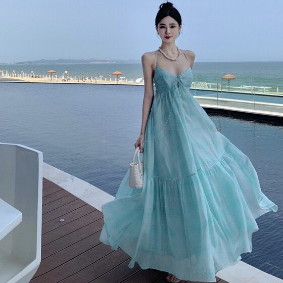 Real Shot Fashion Letter Purple Mint Green V-neck Halter Strap Dress Summer Dopamine Seaside Holiday Fairy Dress