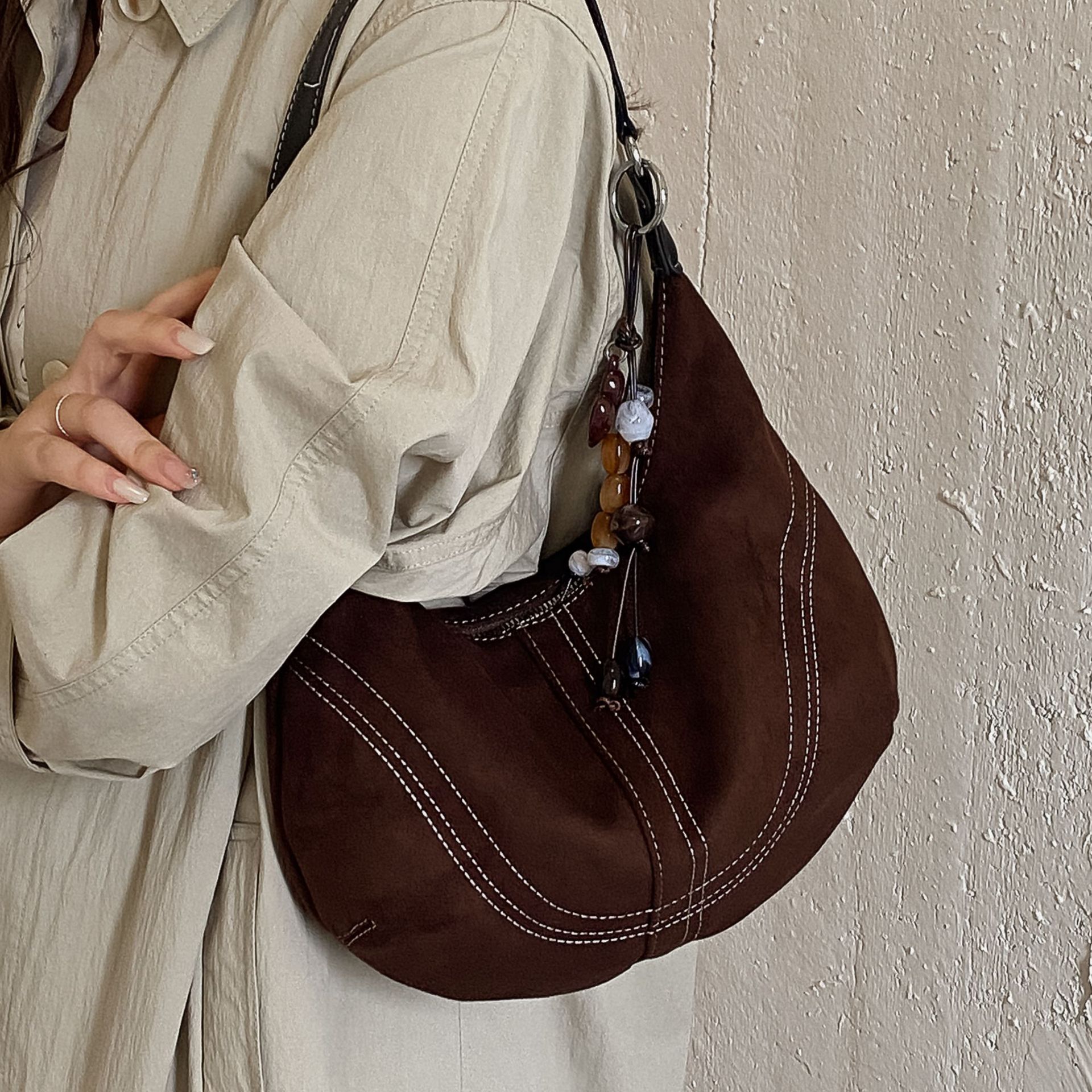 Suede Effect Contrast Trim Charm Crossbody Bag 4