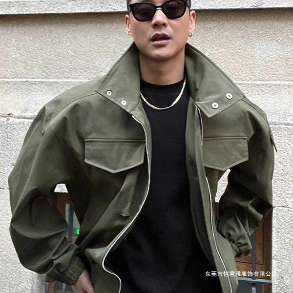 Men's American-Style Light Cavalry Jacket, Summer Stand-Collar Flight Suit, Regular Shoulder Short Work Jacket