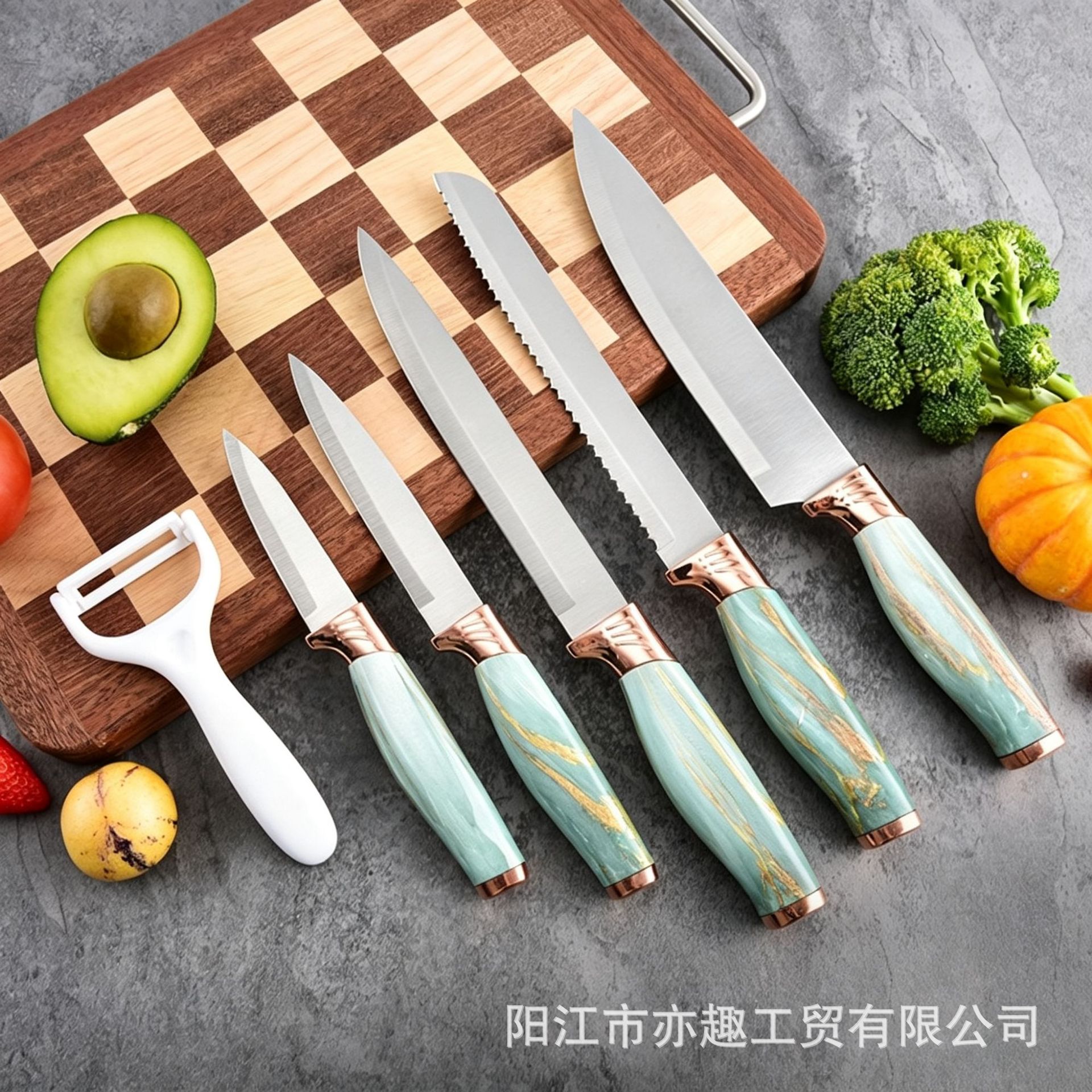 Comercio exterior cuchillo de cocina de acero inoxidable cuchillo de succión de tarjeta de cuchillo de cocina de seis piezas cuchillo de cabeza galvanizado cuchillo de cocina doméstico conjunto