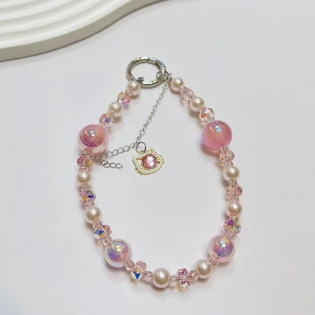 Creativo teléfono móvil colgante colgante gato borla ligero lujo corto hada gas perla cristal cadena portátil cordón de carcasa para teléfono móvil