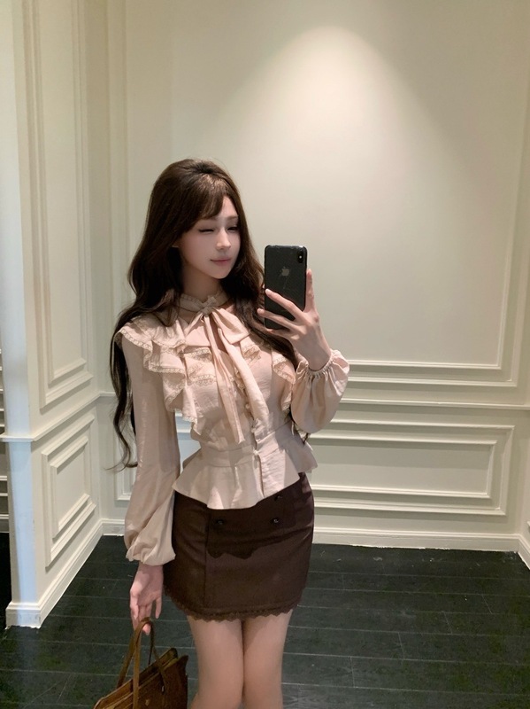 适美设计感双层荷叶边长袖衬衫女装秋季显瘦半身裙短裙两件套|undefined