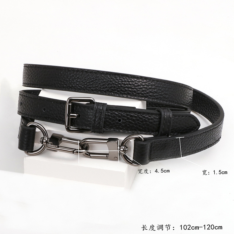 Premium cowhide lychee pattern black 1.5cm shoulder strap black buckle