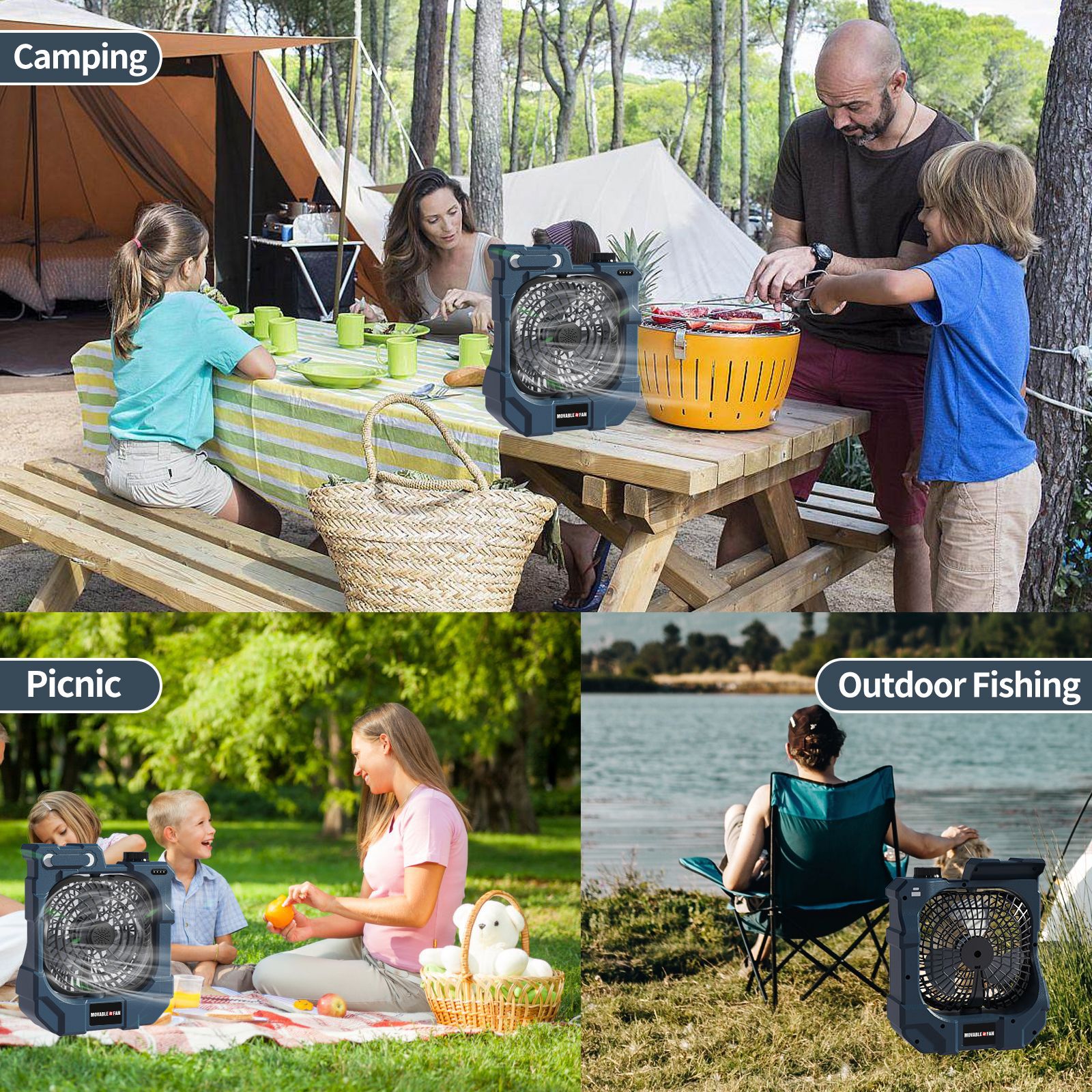 Ventilador Oscilante de Camping con Luz USB Recargable con Iluminación y Banco de Energía para Exterior