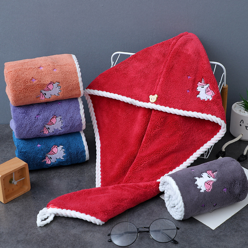 Cappello triangolare ricamato in pile di corallo, spesso, assorbente, morbido, confortevole, asciugamano per capelli, nuovo, carino, con cartone animato, doccia_voghion.com