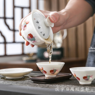 Dehua Suet Jade White Porcelain Cover Bowl Teapot Cup Ceramic Kung Fu Tea Household Small Size Teapot Jade Porcelain Fish Cover Bowl