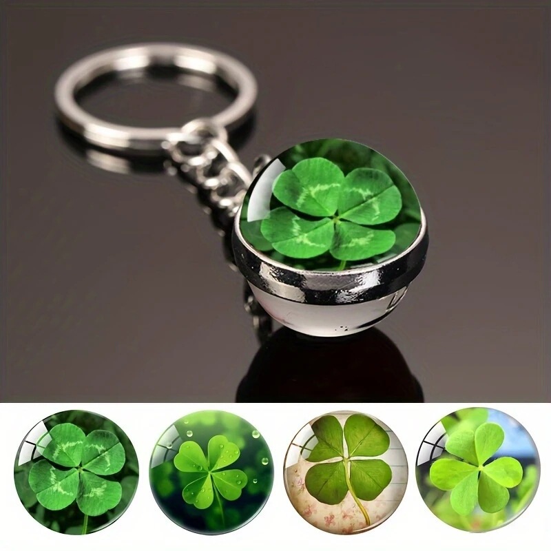 Lucky Four-Leaf Clover Double-Sided Time Glass Keychain Pendant Car Keychain Cross-Border Clover Green