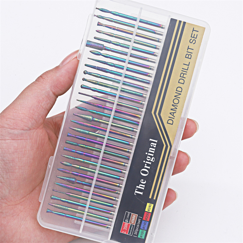 Cross-border dedicado 30 piezas diamante esmalte de uñas plateado color molienda cabeza traje exfoliante removedor de uñas herramienta de molienda traje de aguja