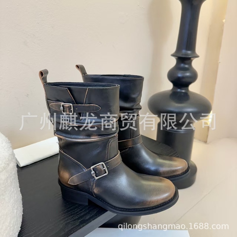 高端2025秋冬真皮拼色复古擦色做旧皮带扣褶皱堆堆粗跟中筒骑士靴|undefined
