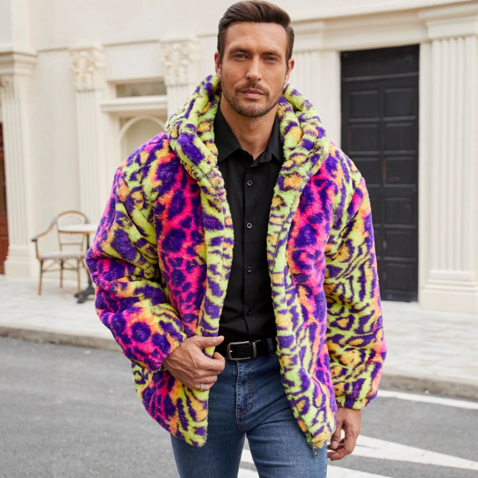 Мужское пальто в леопардовый принт, fashion, имитация меха, яркое плюшевое леопардовое пальто
