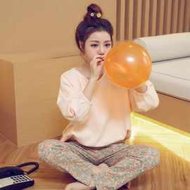 春秋季女士睡衣长袖纯色上衣裤子碎花牛奶丝家居服套装圆领薄款