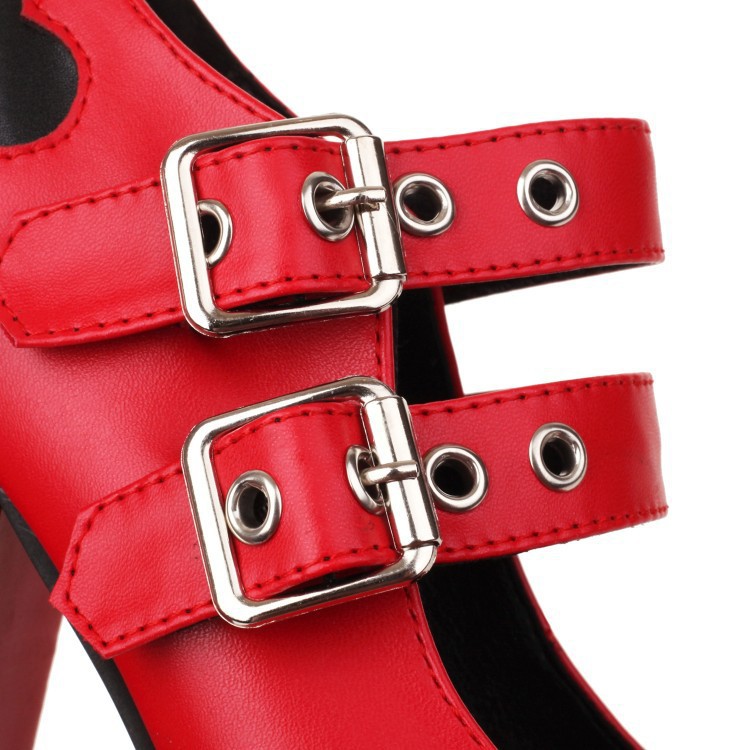 New square head double buckle love splicing single shoes waterproof platform thick high heel women's shoes_voghion.com