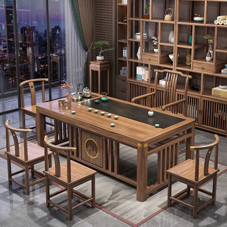 Комбинация чайного стола и стульев из цельного дерева Новый китайский чайный стол