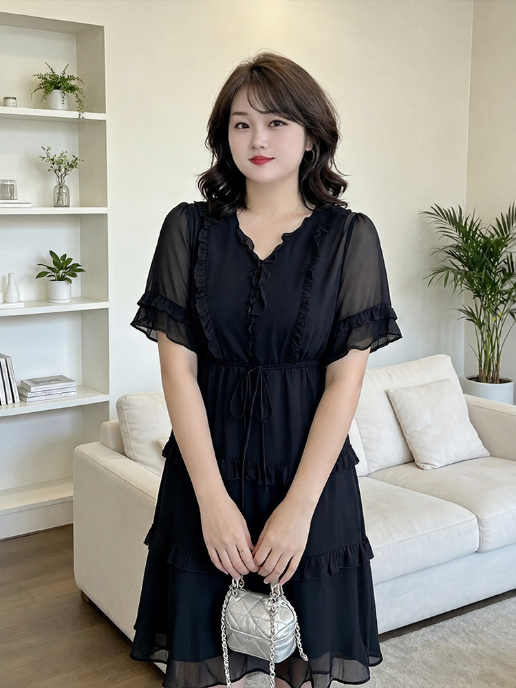 60-150kg Plus Size French Dress 2025 Summer New V Neck Fungus Mid-Length Sweet Nightgown 60-150kg Plus Size French Dress 2025 Summer New V Neck Fungus Mid-Length Sweet Nightgown