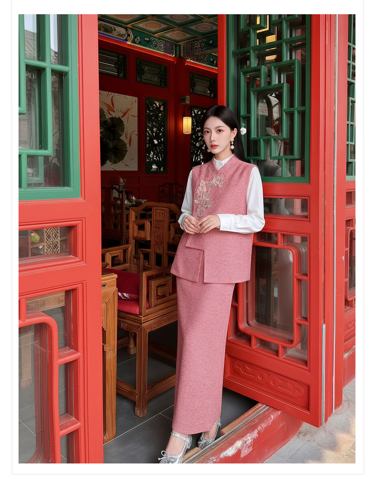 Bộ áo gile không tay và chân váy midi tân cổ điển đính cườm sang trọng — nửa váy, Trang chủ chi tiết 14