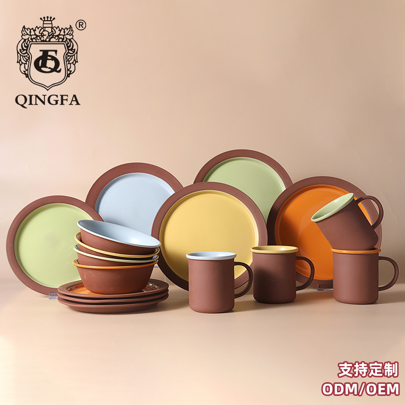 Red Clay Ceramic Tableware Customized Creative Household Simple Bowl and Plate Set Pure Color Stoneware Salad Bowl Western Food Plate