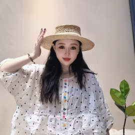 日系森女波点印花宽松彩扣女士开衫短袖衬衫批发