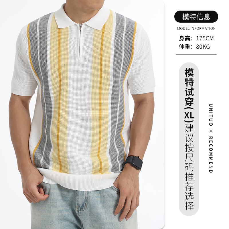 Europa y los Estados Unidos transfronterizos hombres hielo tejido polo camiseta comercial solapa rayas de manga corta polo camiseta polo al por mayor