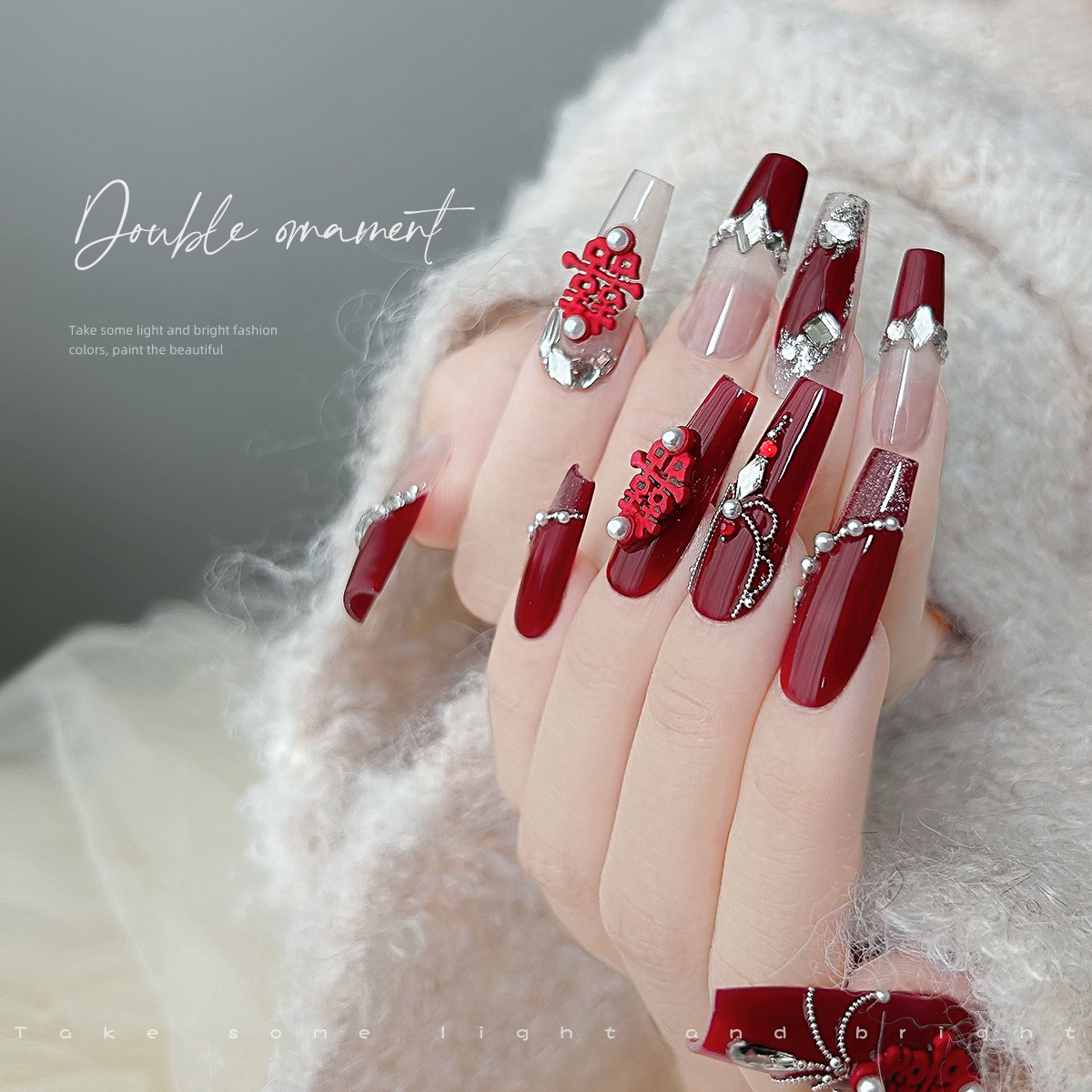 Joyería de diamantes de uñas estilo chino desgaste pieza de uñas material terminado paquete Novia boda uñas Año Nuevo aleación afortunada diamante