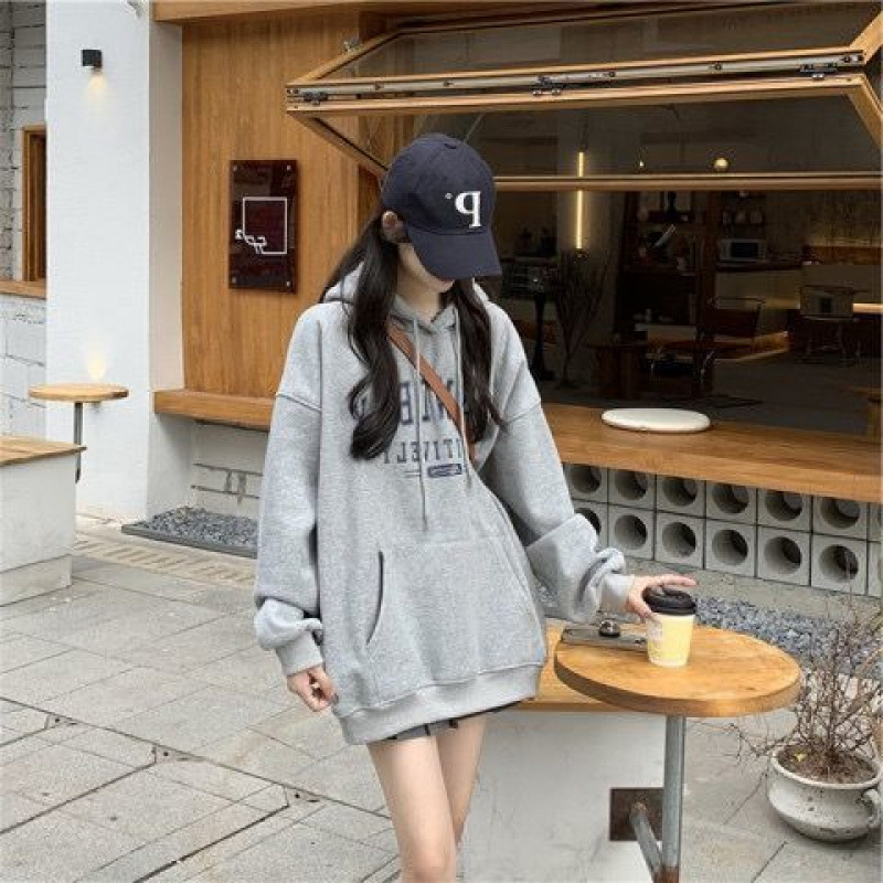 그레이 아메리칸 스타일 후드 가을과 겨울 기모 외부 스웨터 여성 학생 올 매치 오버 사이즈 루즈 뉴 코트 여성